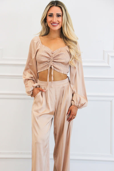 Caught Feelings Satin Two Piece Set: Champagne - Bella and Bloom Boutique