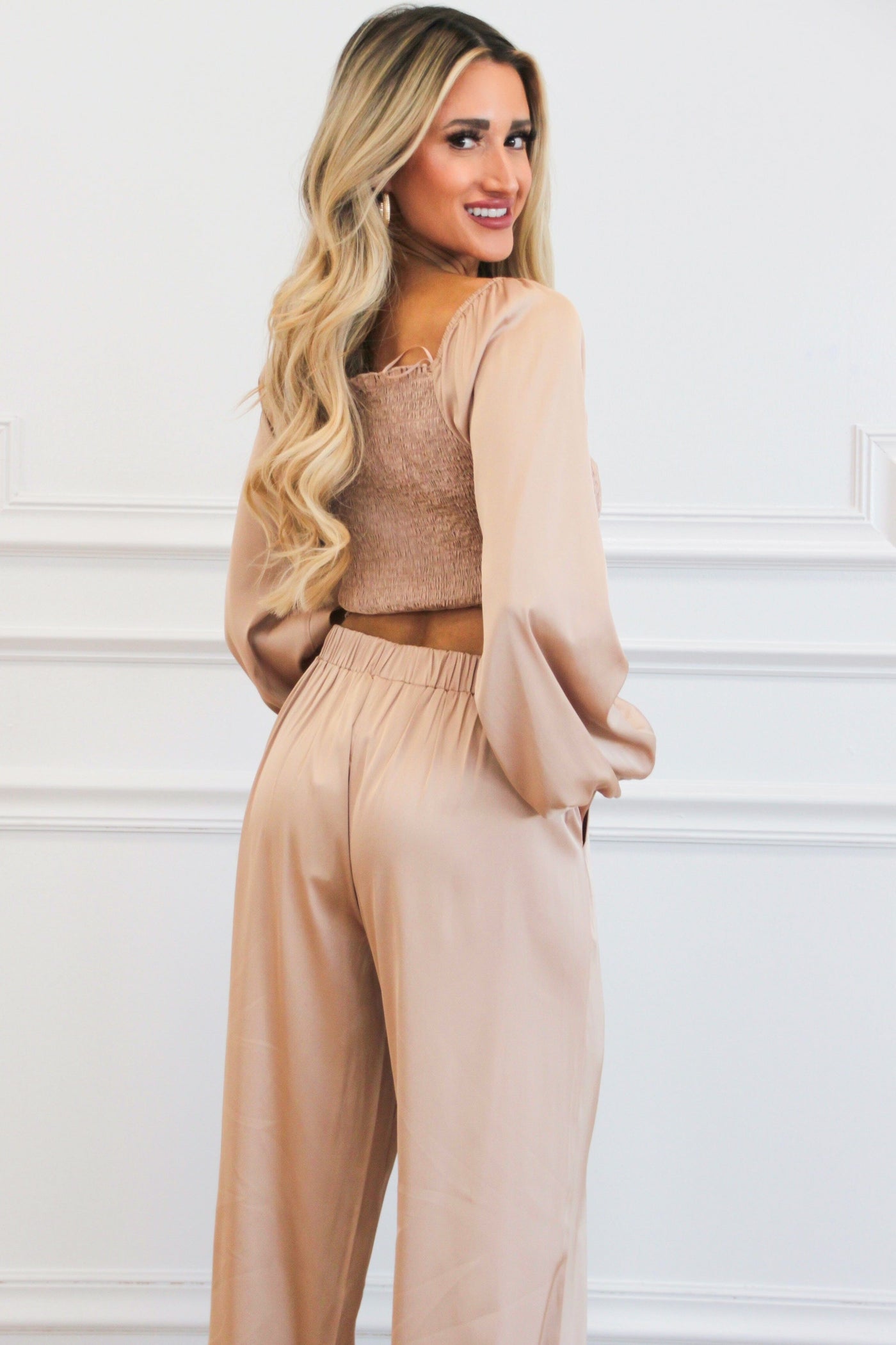 Caught Feelings Satin Two Piece Set: Champagne - Bella and Bloom Boutique