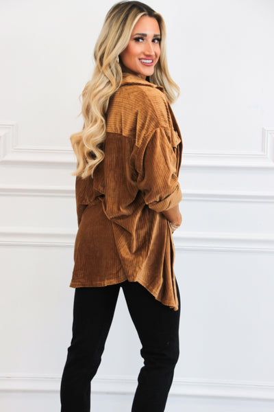 Cozy Soft Holidays Corduroy Button Down Tunic Dress: Camel - Bella and Bloom Boutique