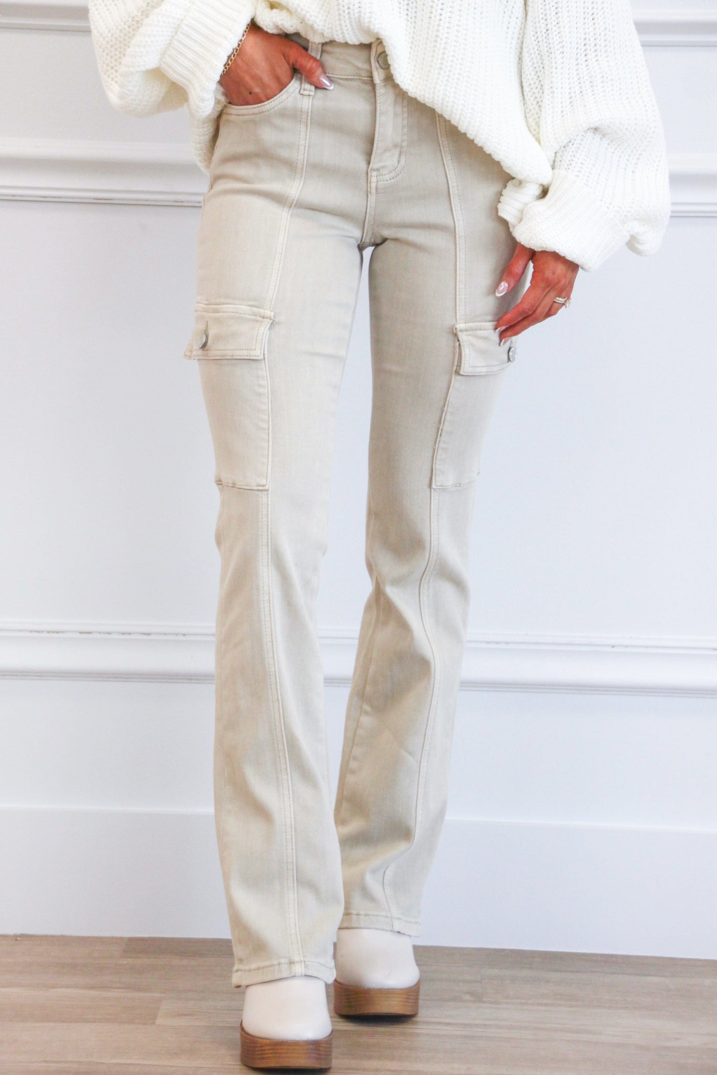 Jagger Cargo Bootcut Denim: Beige - Bella and Bloom Boutique