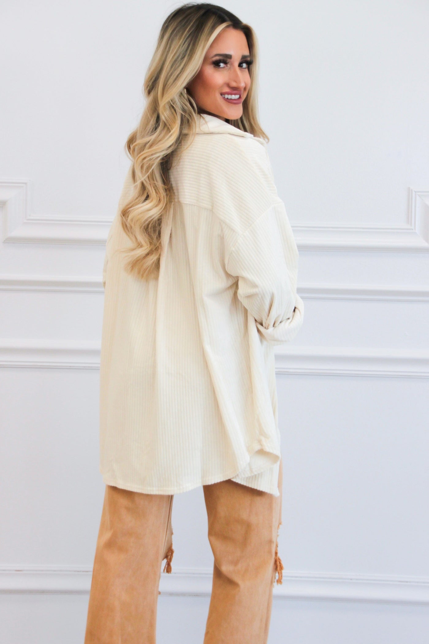 Cozy Soft Holidays Corduroy Button Down Tunic Dress: Cream - Bella and Bloom Boutique