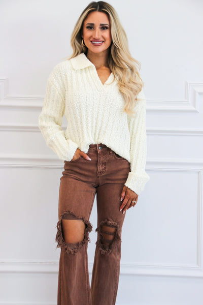 Lizzie Collared Sweater: Cream - Bella and Bloom Boutique