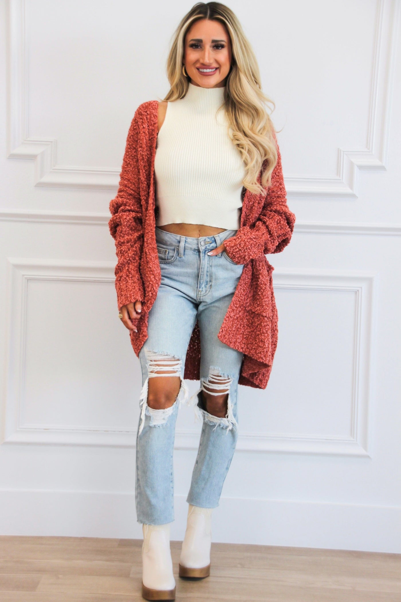 Warm Up Sweater Knit Cardigan: Marsala - Bella and Bloom Boutique