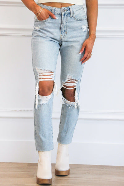 Devin Distressed High Waisted Straight Denim: Light Wash - Bella and Bloom Boutique