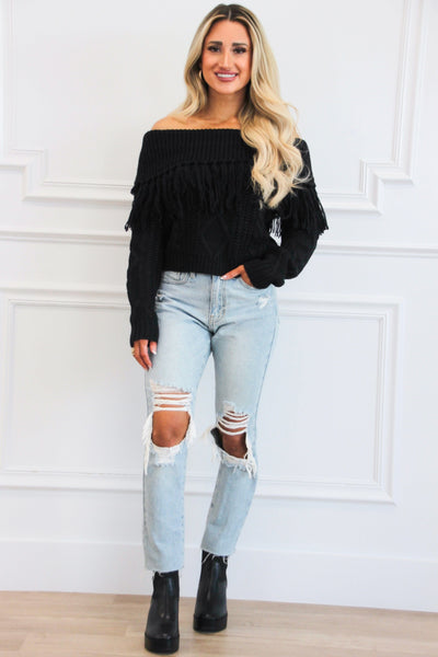 Let's Get Lost Off Shoulder Fringe Sweater: Black - Bella and Bloom Boutique