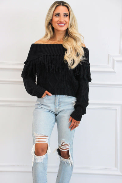 Let's Get Lost Off Shoulder Fringe Sweater: Black - Bella and Bloom Boutique