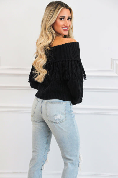 Let's Get Lost Off Shoulder Fringe Sweater: Black - Bella and Bloom Boutique