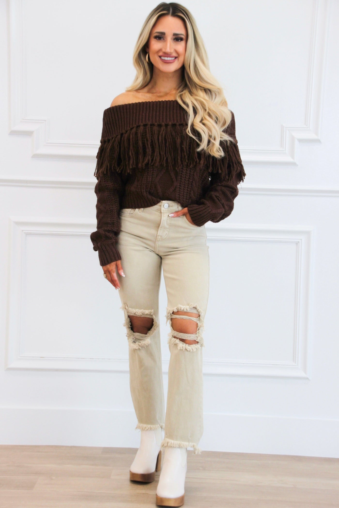 Let's Get Lost Off Shoulder Fringe Sweater: Brown - Bella and Bloom Boutique