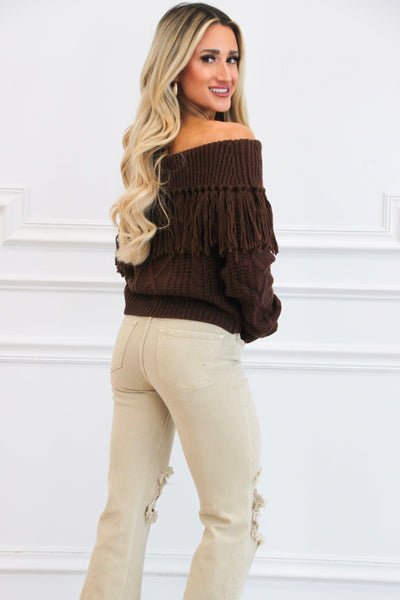 Let's Get Lost Off Shoulder Fringe Sweater: Brown - Bella and Bloom Boutique