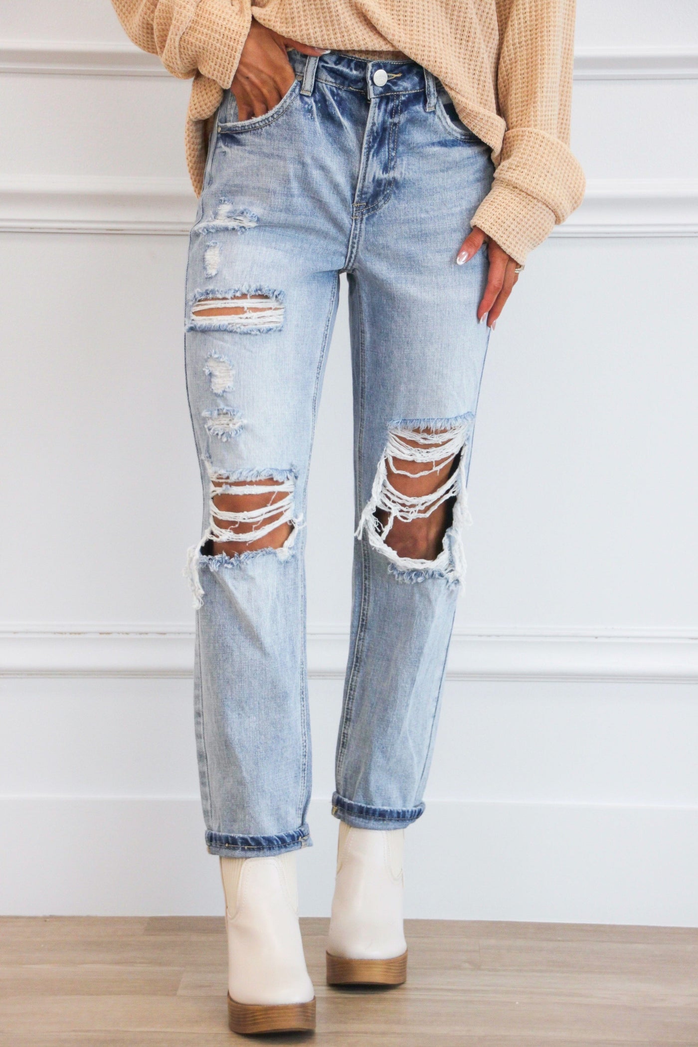 Milo High Rise Distressed Boyfriend Denim: Light Wash - Bella and Bloom Boutique