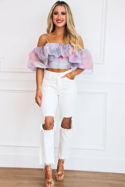 Genesis Floral Off Shoulder Crop Top: Dove Gray/Pink Multi - Bella and Bloom Boutique