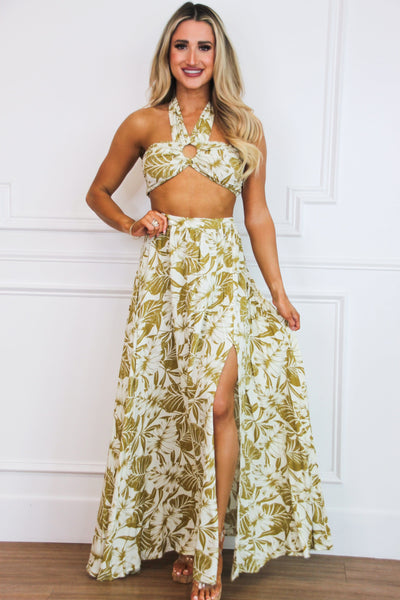 Sending Postcards Tropical Two Piece Set: Ivory/Light Olive - Bella and Bloom Boutique