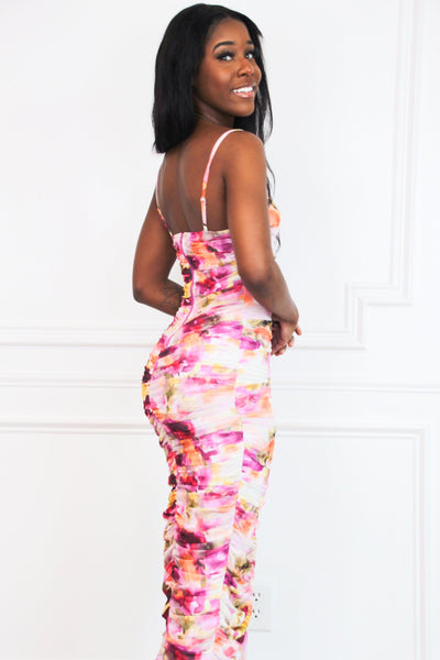 Amiah Abstract Ruched Midi Dress: Magenta Multi - Bella and Bloom Boutique