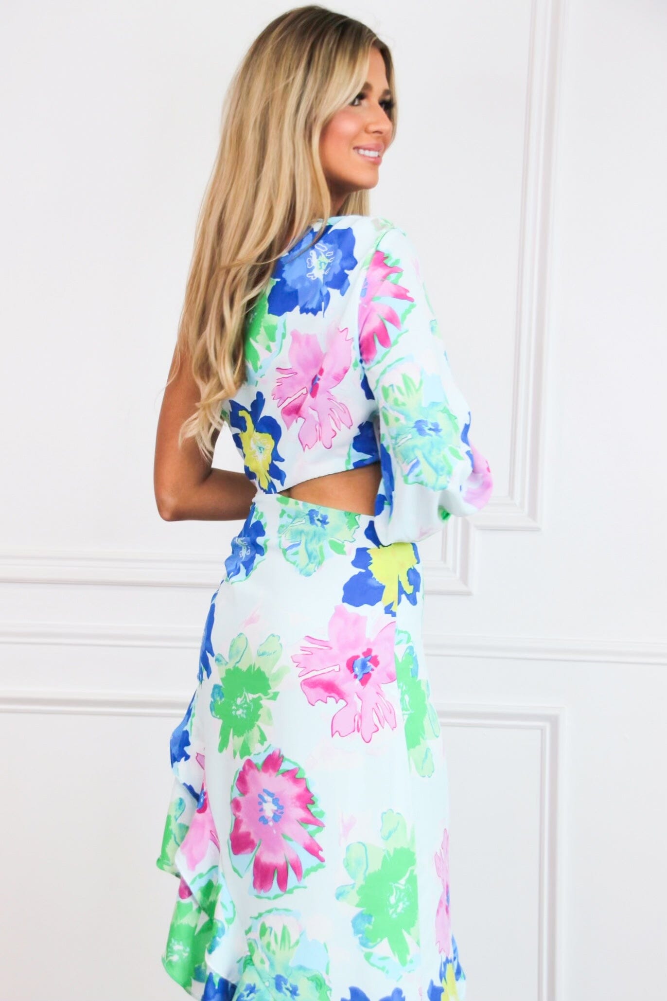 Somerset Island Floral One Shoulder Asymmetrical Ruffle Midi Dress: Light Blue Multi - Bella and Bloom Boutique