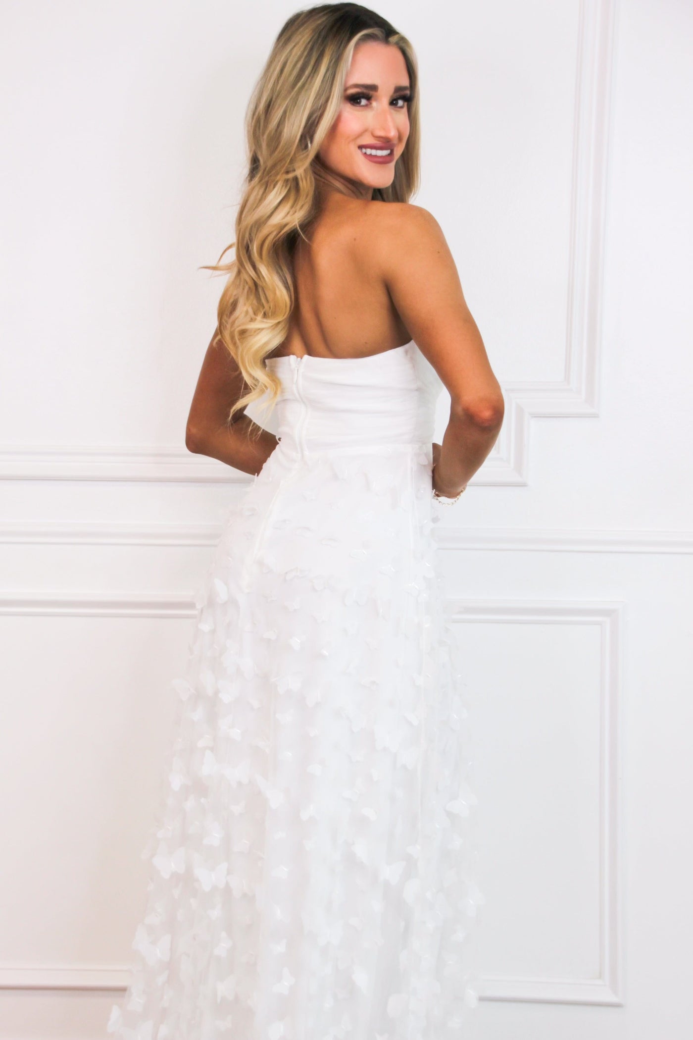 Butterfly Kisses Strapless Applique Maxi Dress: White - Bella and Bloom Boutique