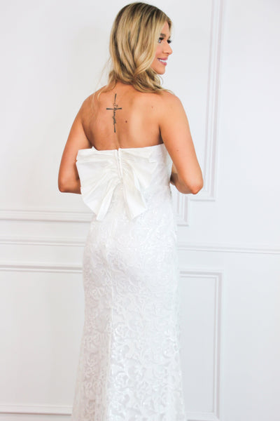 Hello Lover Bow Back Shimmer Lace Maxi Dress: White - Bella and Bloom Boutique