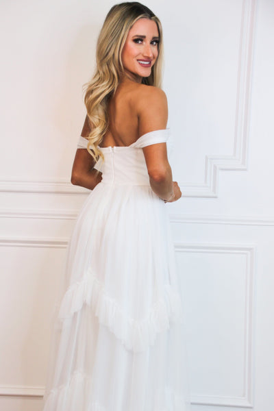 Enchanted Evening Off Shoulder Maxi Dress: White - Bella and Bloom Boutique
