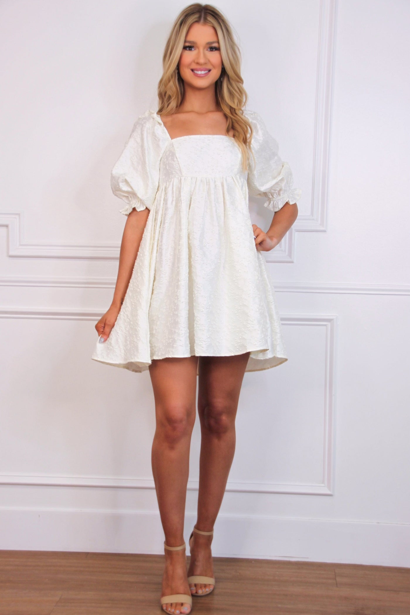 Bella and Bloom Boutique - Melrose Textured Floral Babydoll Dress: Ivory Bella and Bloom Boutique - Melrose Textured Floral Babydoll Dress: Ivory