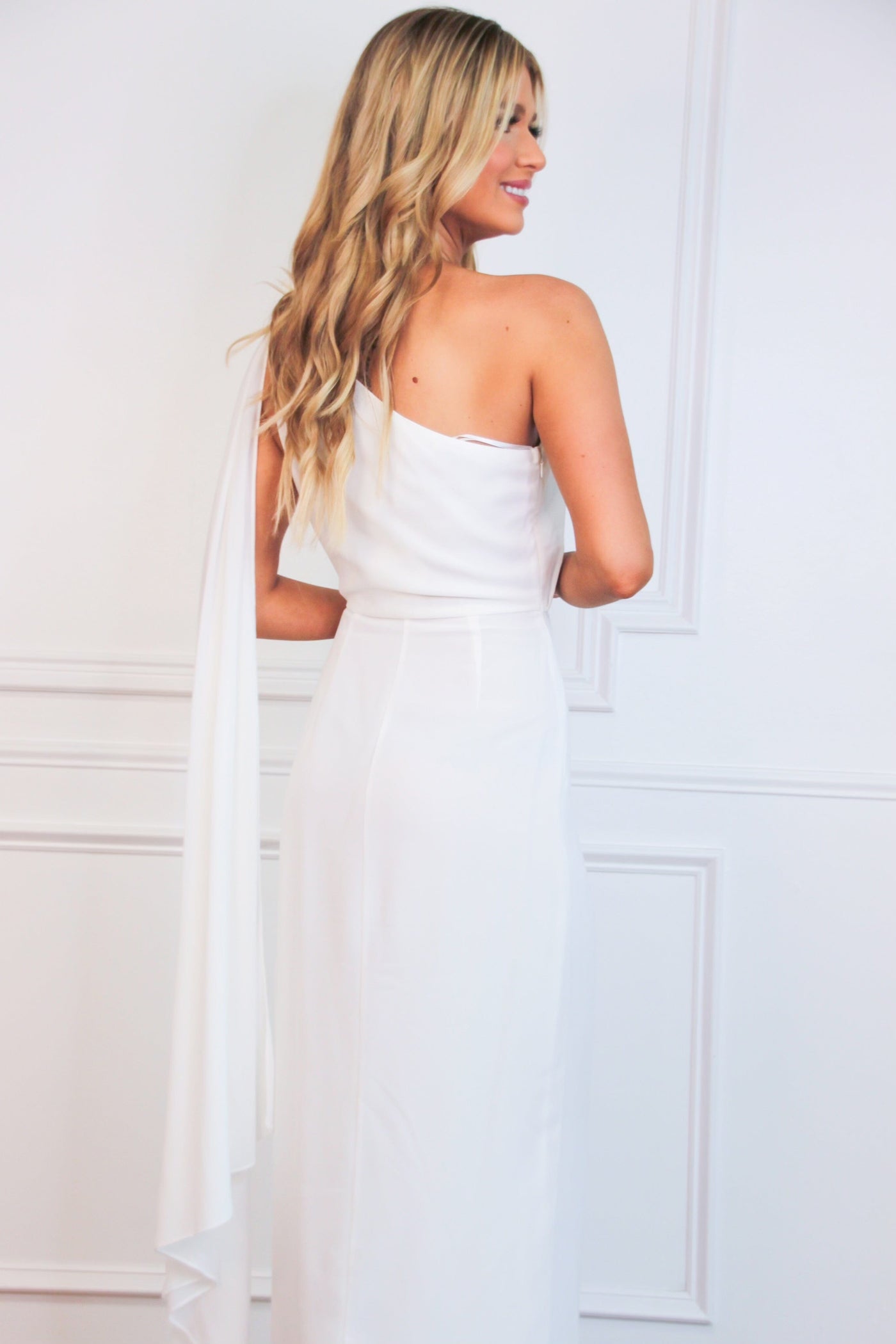 Athena One Shoulder Cape Sleeve Maxi Dress: White - Bella and Bloom Boutique