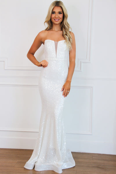 Evermore Strapless Sequin Maxi Dress: White - Bella and Bloom Boutique