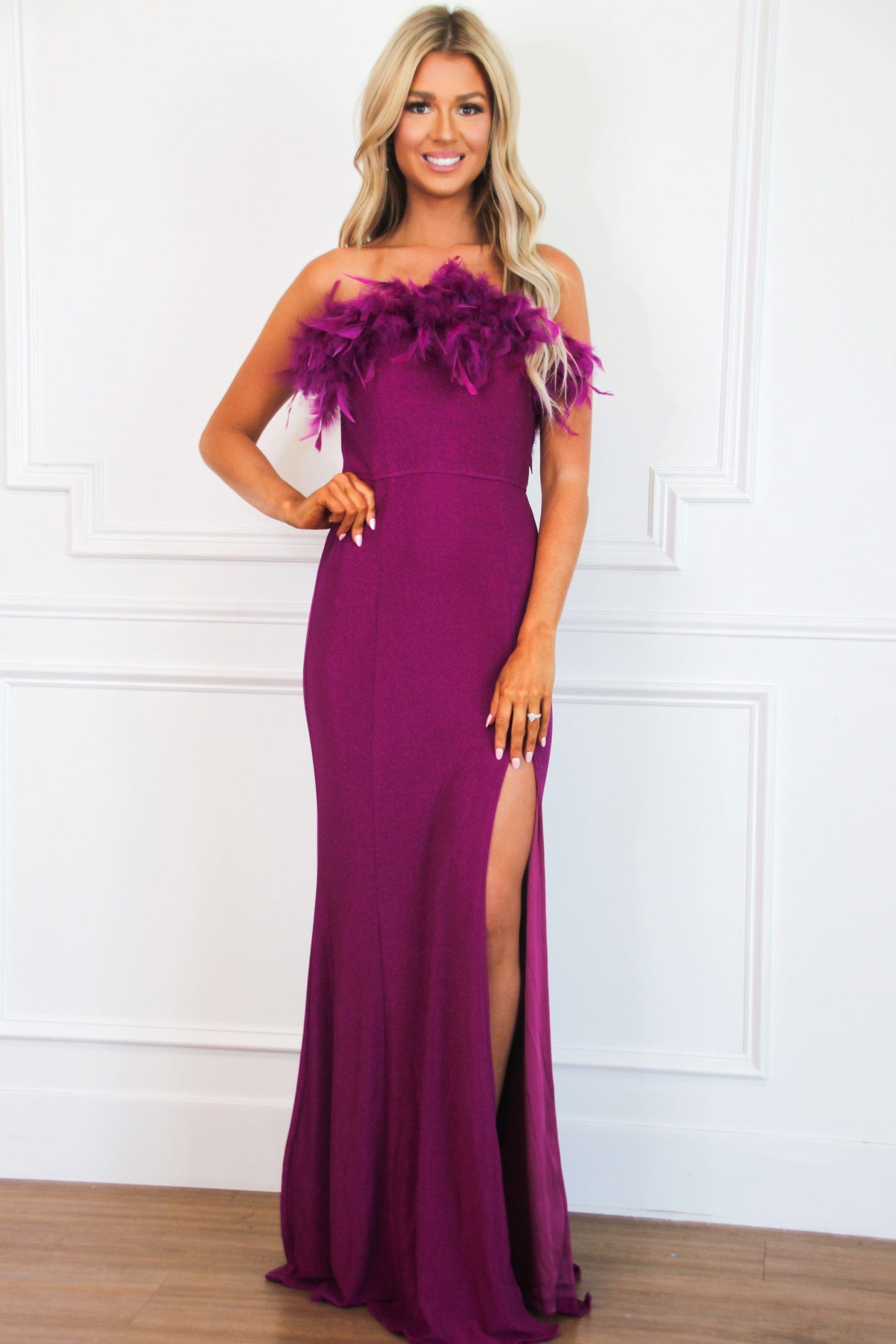 Look My Way Sparkly Feather Maxi Dress: Magenta - Bella and Bloom Boutique
