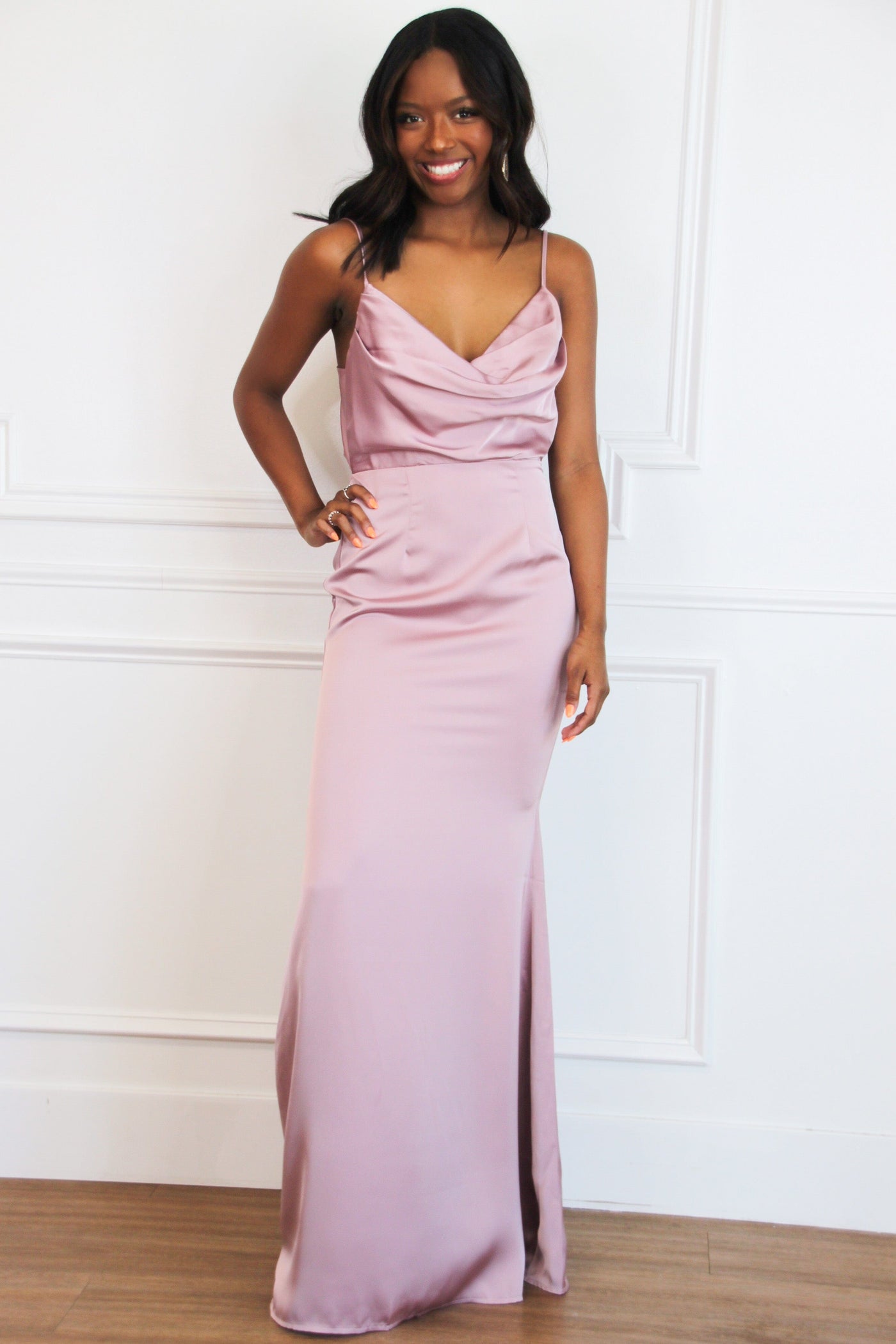Alice Satin Bow Back Maxi Dress: Dusty Mauve Bella and Bloom Boutique Alice Satin Bow Back Maxi Dress: Dusty Mauve Bella and Bloom Boutique