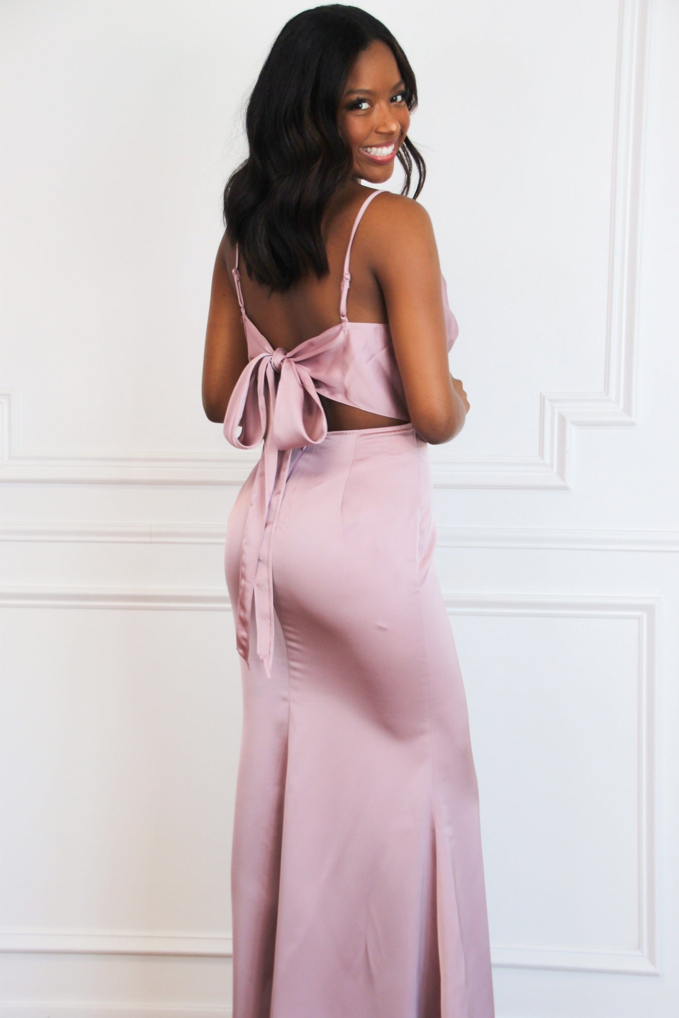 Alice Satin Bow Back Maxi Dress: Dusty Mauve Bella and Bloom Boutique Alice Satin Bow Back Maxi Dress: Dusty Mauve Bella and Bloom Boutique