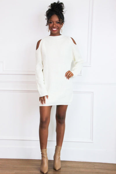 Leah Cold Shoulder Sweater Dress: Ivory Bottoms Bella and Bloom Boutique 