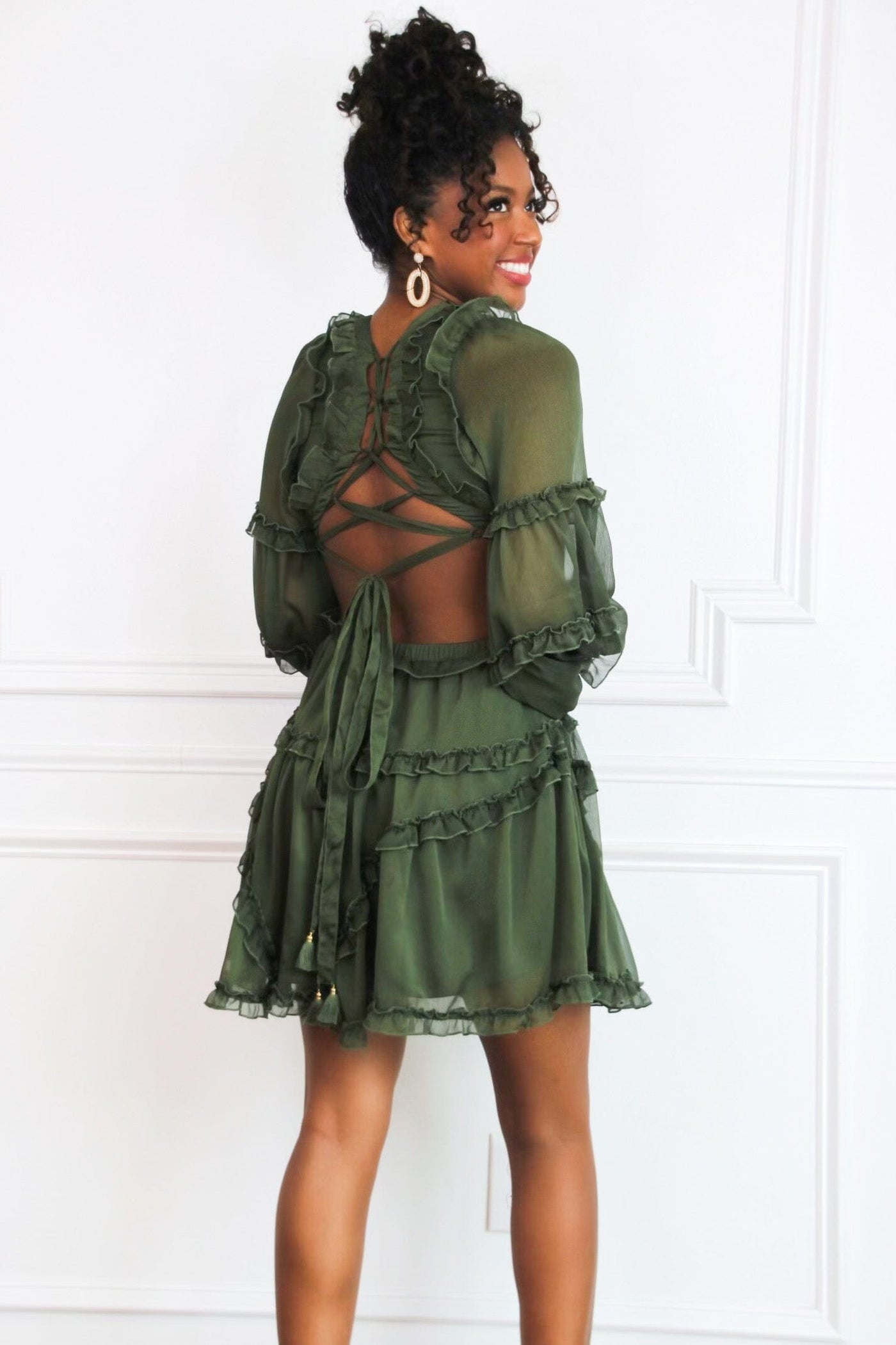 Isabella Ruffle Cutout Dress: Olive - Bella and Bloom Boutique