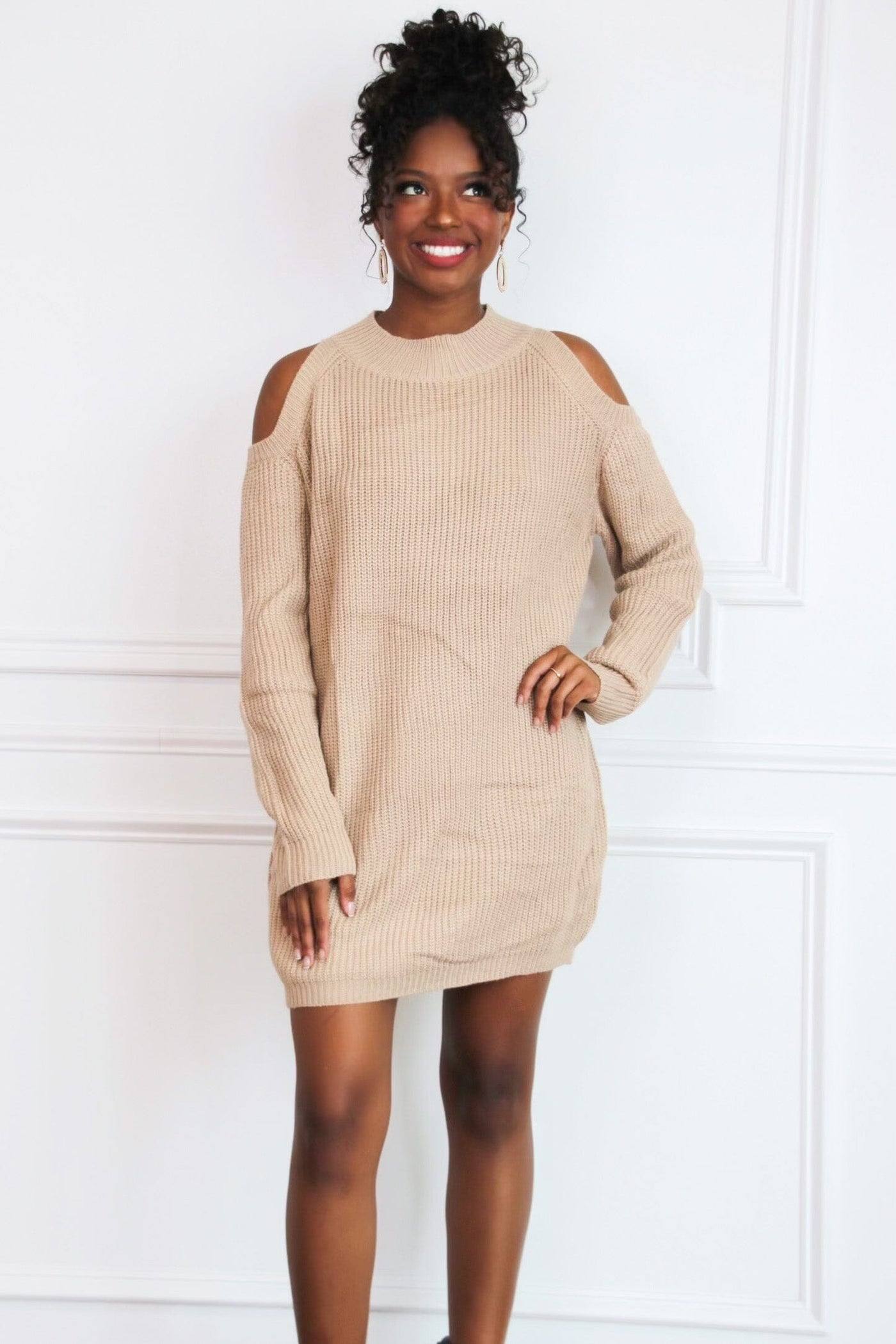 Leah Cold Shoulder Sweater Dress: Mocha - Bella and Bloom Boutique