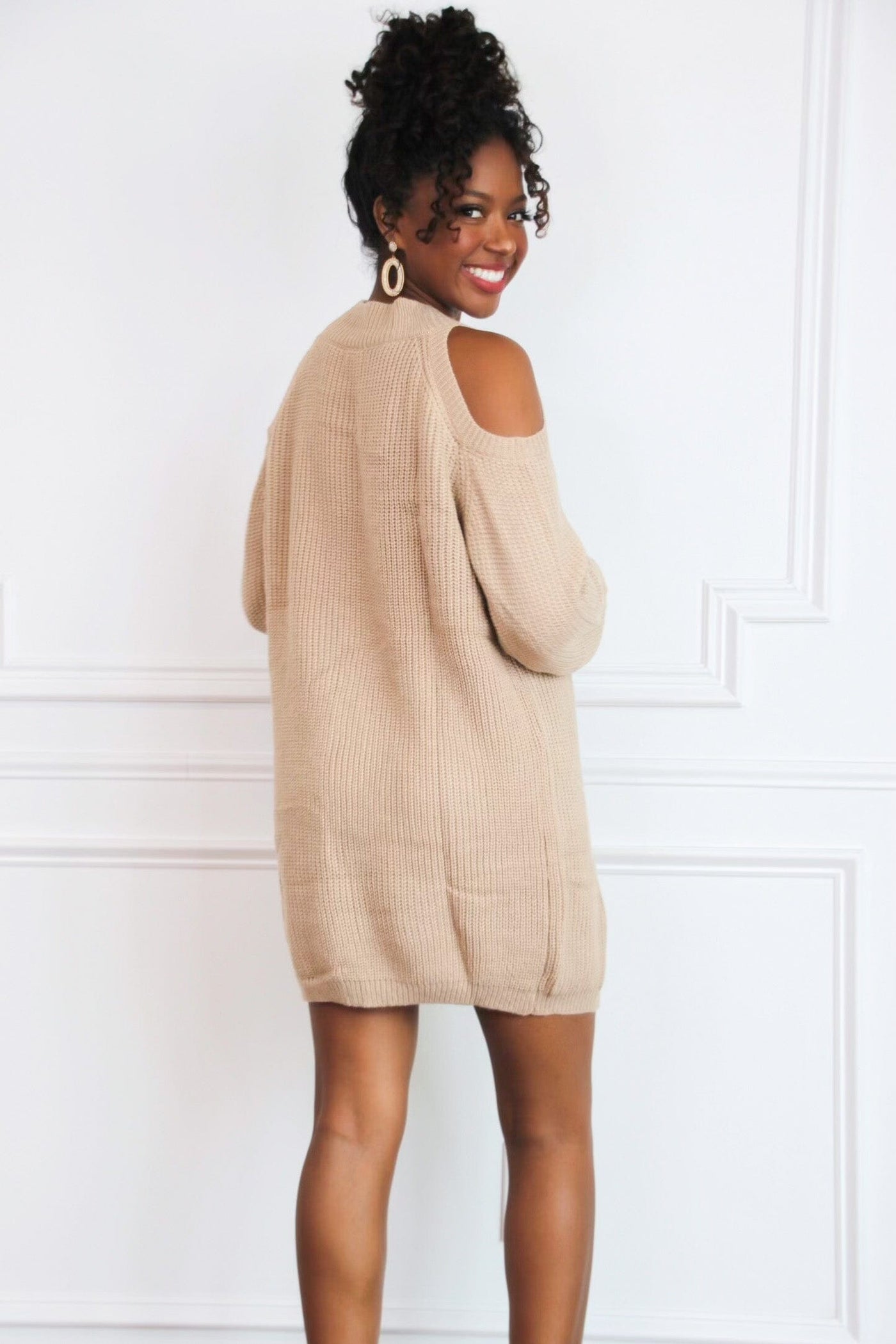 Leah Cold Shoulder Sweater Dress: Mocha - Bella and Bloom Boutique