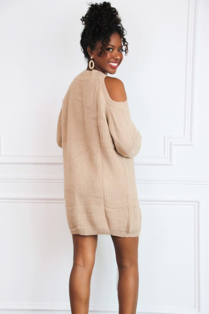 Bella and Bloom Boutique - Leah Cold Shoulder Sweater Dress: Mocha