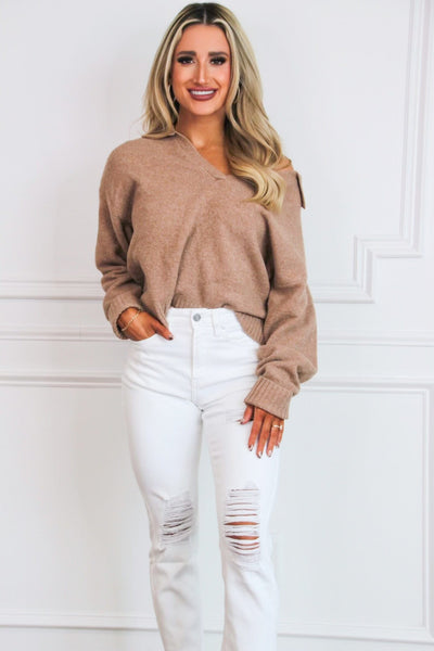 Vivian Collared Cropped Sweater: Camel - Bella and Bloom Boutique