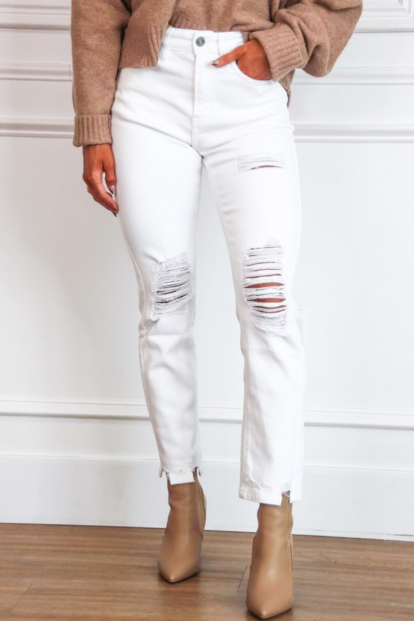 Kimmie Distressed Denim: White - Bella and Bloom Boutique