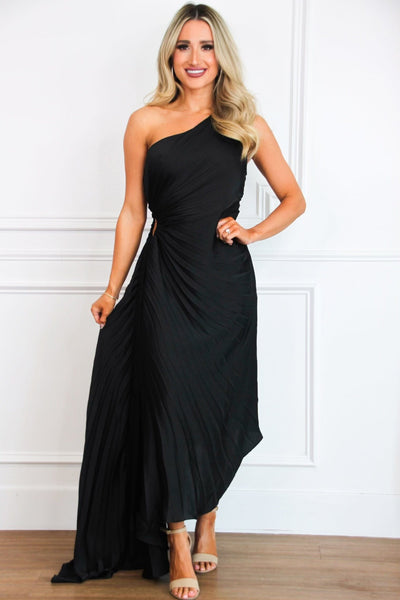 Keep My Promises Pleated Asymmetrical Midi Dress: Black - Bella and Bloom Boutique