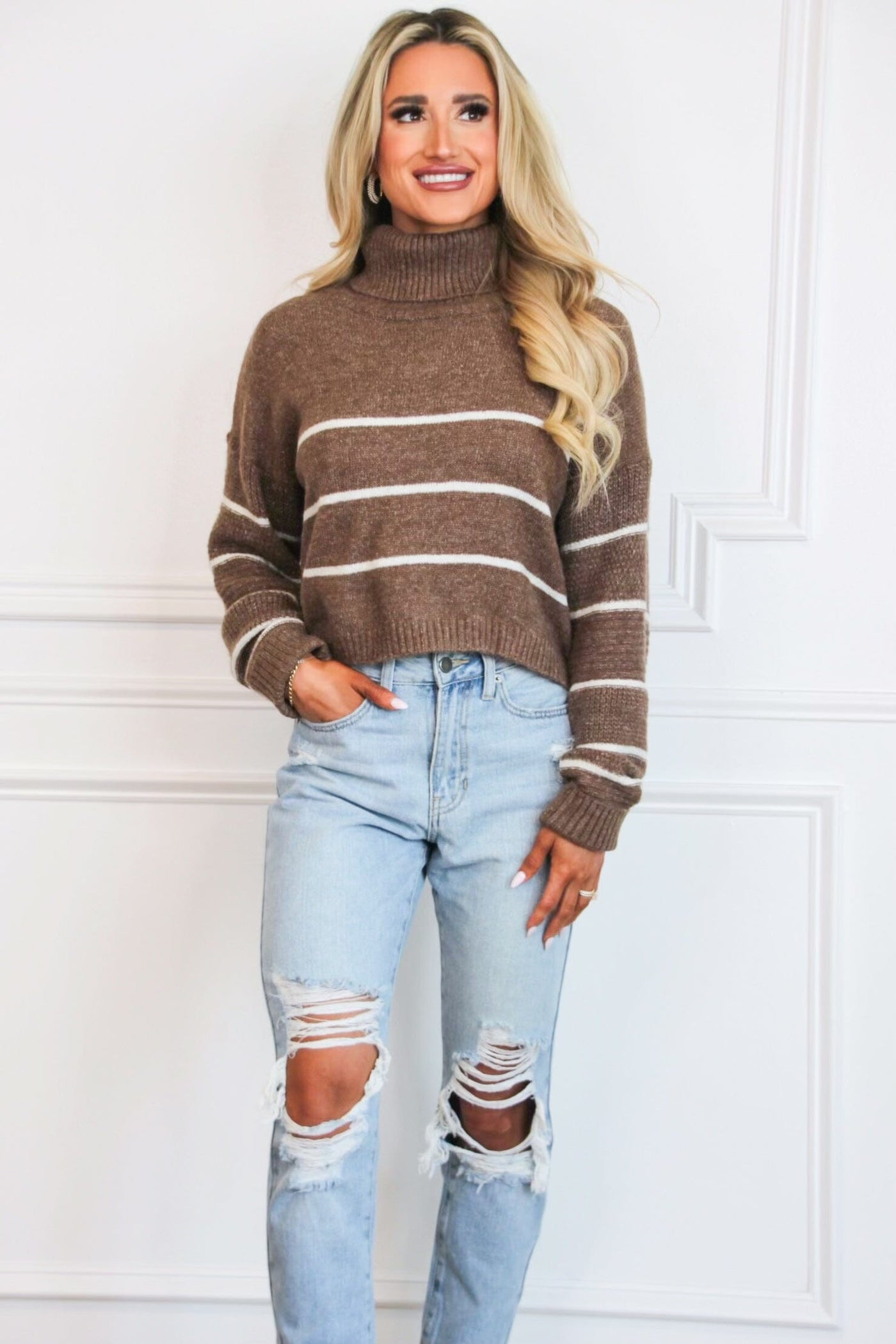 Get in Line Turtleneck Sweater: Brown/Ivory - Bella and Bloom Boutique