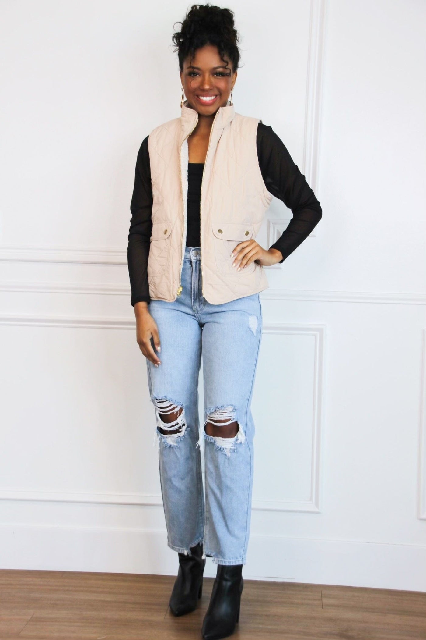 Fireside Reversible Quilted Sherpa Vest: Beige - Bella and Bloom Boutique