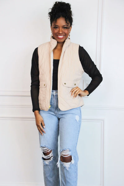 Fireside Reversible Quilted Sherpa Vest: Beige - Bella and Bloom Boutique