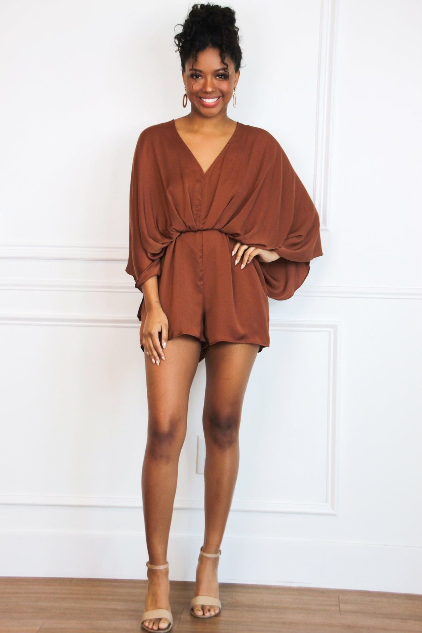 Jade Satin Kimono Sleeve Romper: Chocolate - Bella and Bloom Boutique