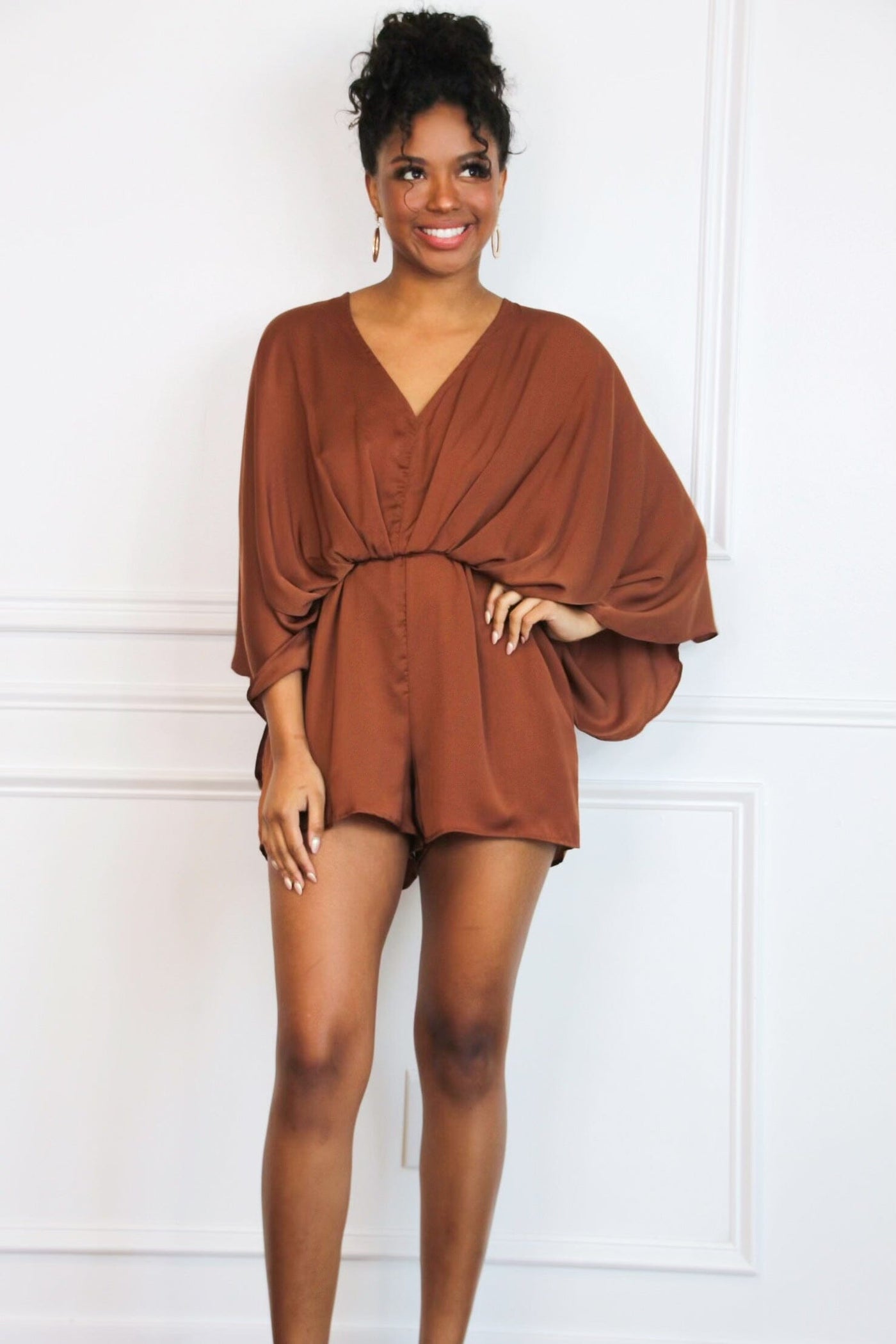 Jade Satin Kimono Sleeve Romper: Chocolate - Bella and Bloom Boutique