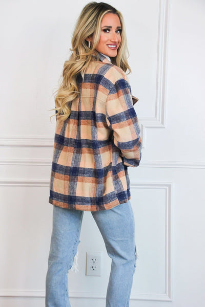 Lawrence Plaid Sherpa Lined Shacket: Taupe/Navy - Bella and Bloom Boutique