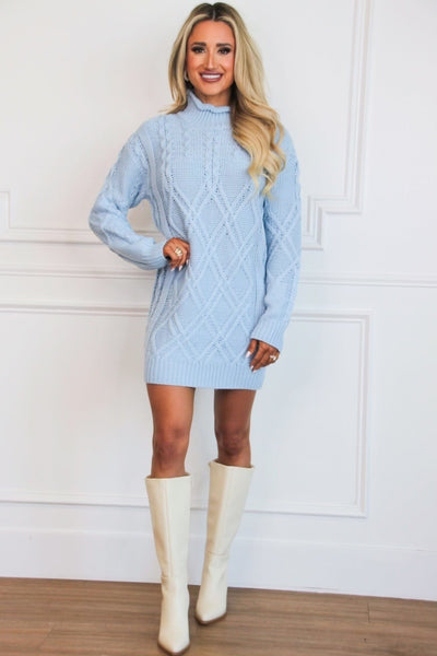 Worth My Time Cable Knit Sweater Dress: Light Blue - Bella and Bloom Boutique