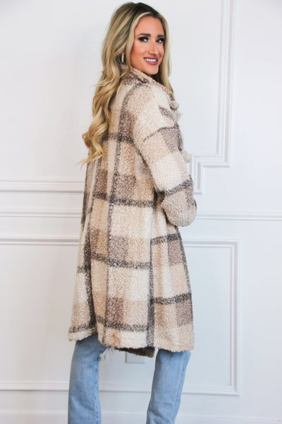 Autumn Trails Plaid Teddy Long Shacket: Mocha Multi - Bella and Bloom Boutique