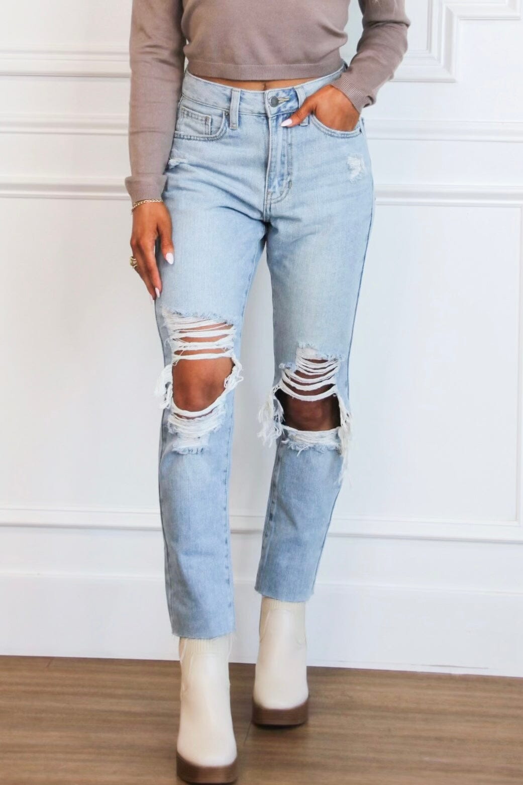 Devin Distressed High Waisted Straight Denim: Light Wash - Bella and Bloom Boutique