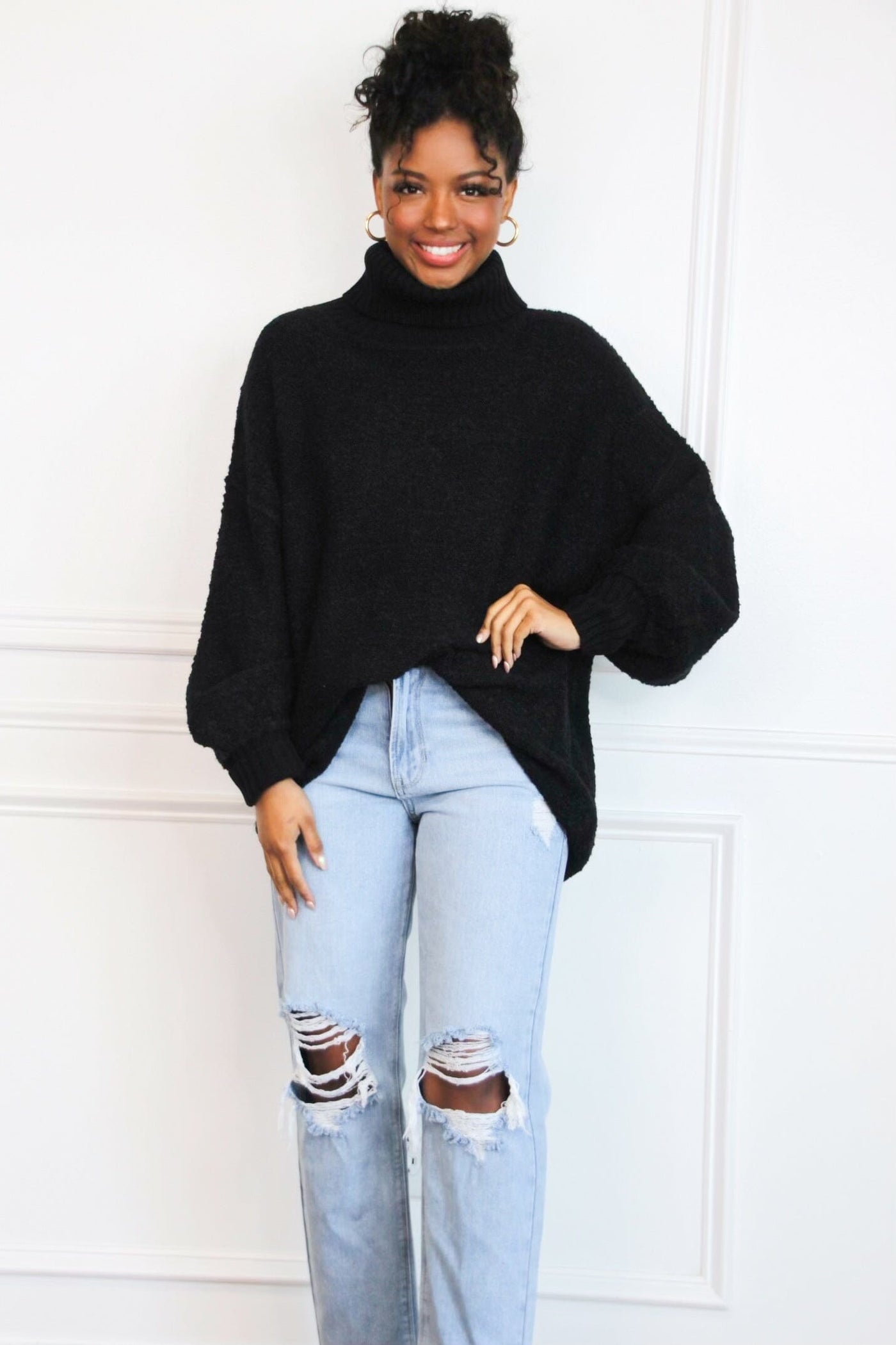 Under Wraps Turtleneck Sweater: Black - Bella and Bloom Boutique