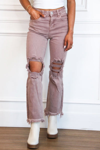 Riva Distressed High Rise Straight Denim: Mauve - Bella and Bloom Boutique