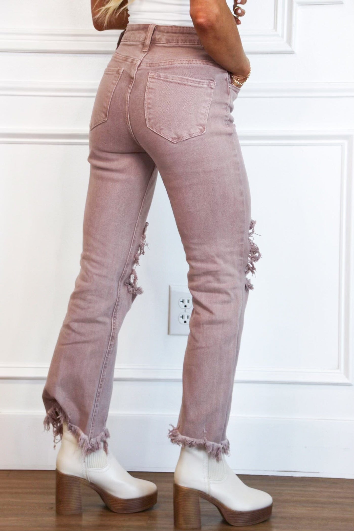 Riva Distressed High Rise Straight Denim: Mauve - Bella and Bloom Boutique