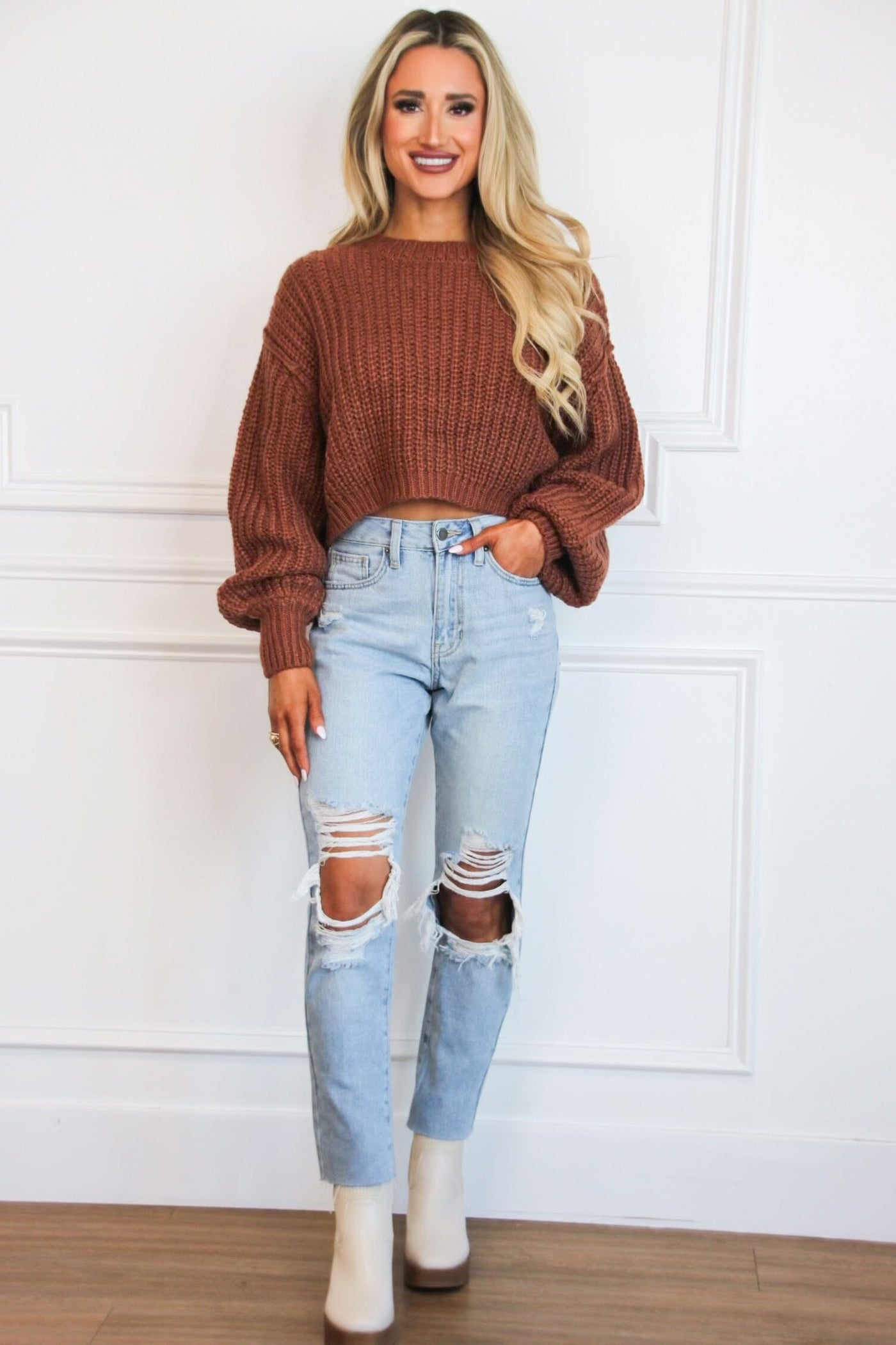 Hallie Cropped Sweater: Brown - Bella and Bloom Boutique