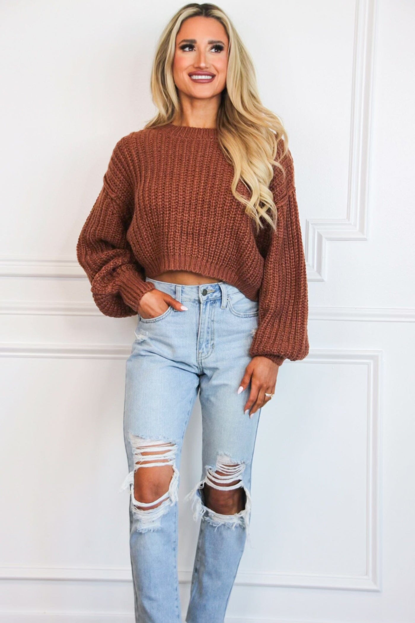 Hallie Cropped Sweater: Brown - Bella and Bloom Boutique