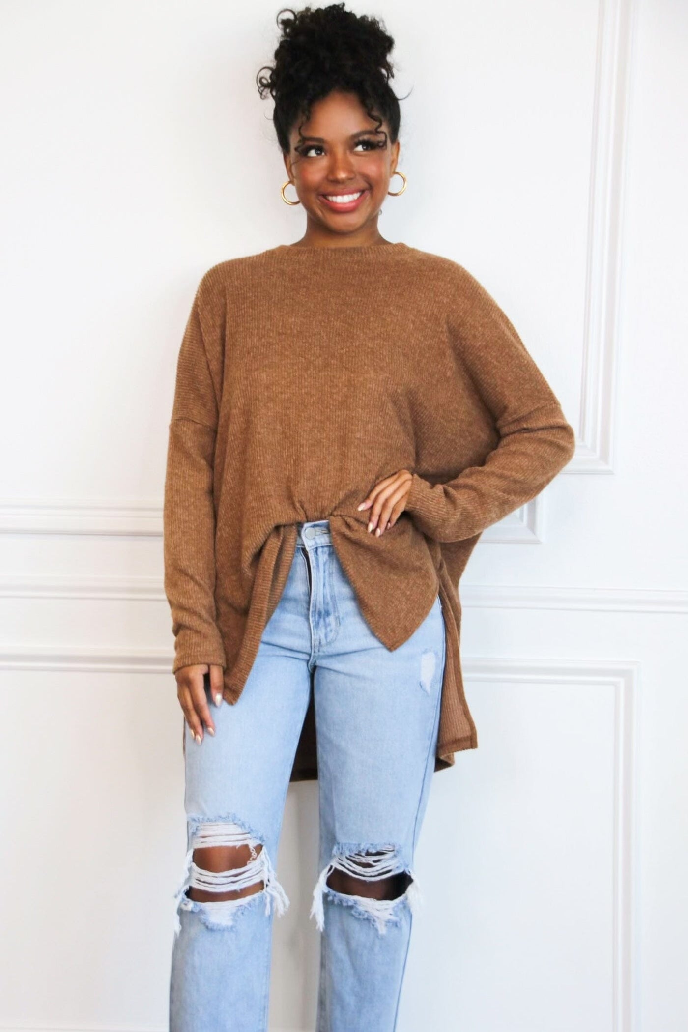 Errands to Run Ribbed Oversized Lightweight Sweater: Camel - Bella and Bloom Boutique